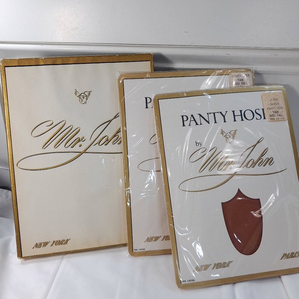 Vintage Mr.‎ John panty hose Stockings sheer sz Medium Tall Med #300 tan set 2